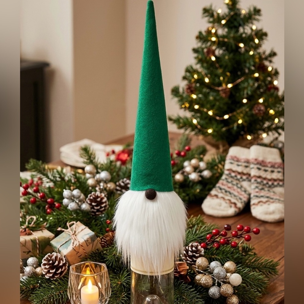 Holiday Gnome Wine Bottle Cover - Brown Hat with White Beard or Green Hat